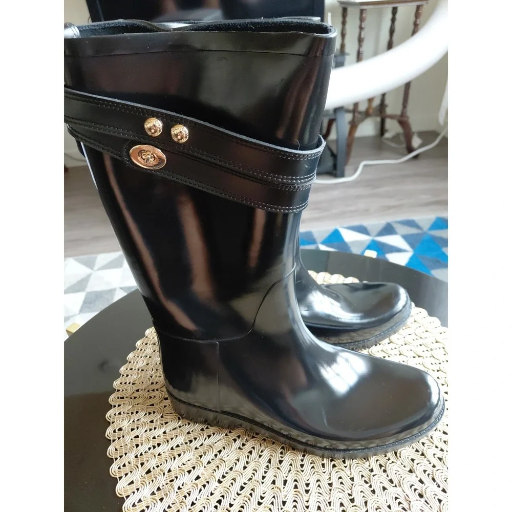 Coach Tara Tall Black Gloss Rubber Rain Boots Size 8 /38